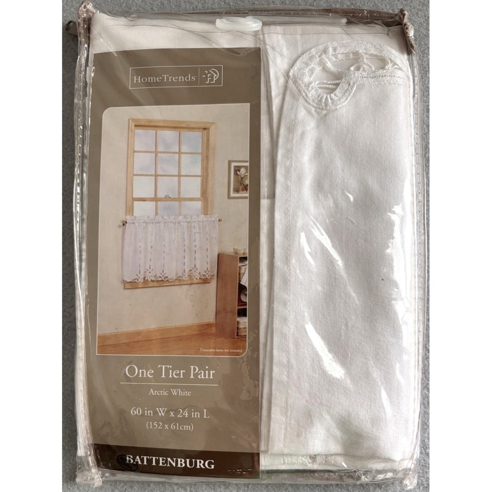 Home Trends Arctic White BATTENBURG LACE Cafe Curtains 60" X 24" -VTG NIP - Picture 2 of 3